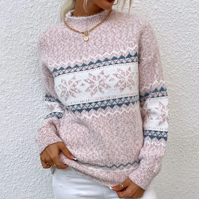 Mock - Neck Women Sweater for a Modern TwistVintage Mock Neck Long Sleeve Snowflake Pattern Nordic Fair Isle Sweater