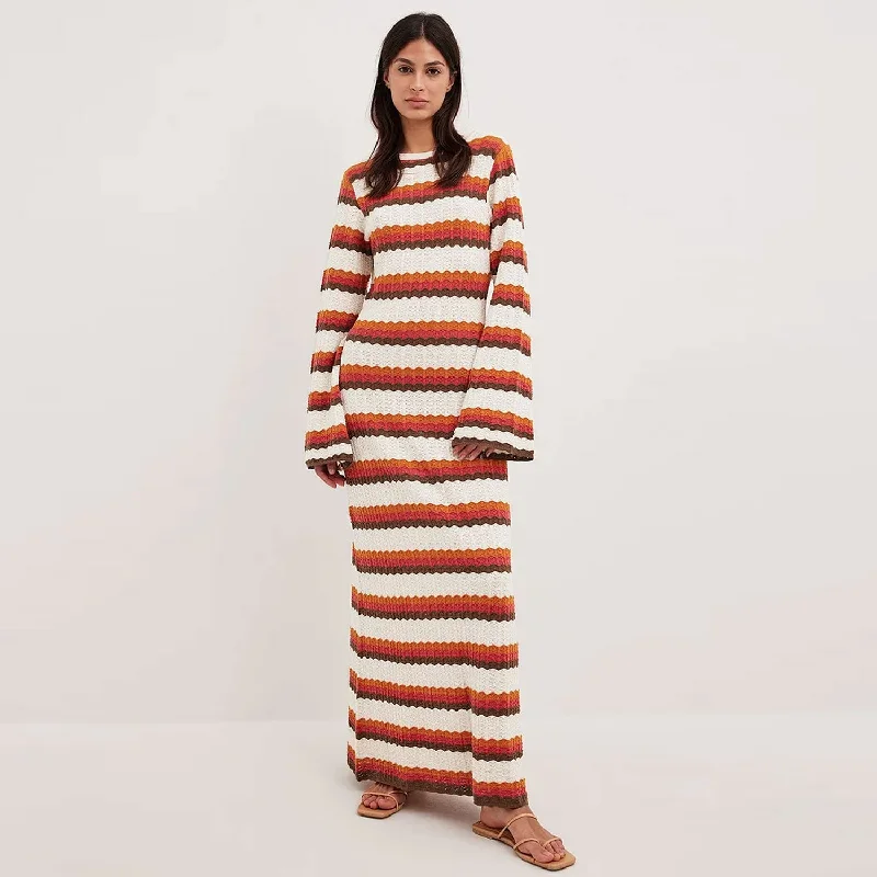 Striped Women Sweater with a Timeless PatternVintage Scalloped Open Back Bell Sleeve Striped Crochet Knit Maxi Dress