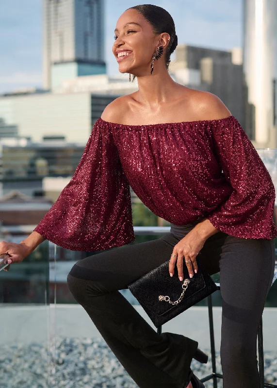 Lightweight Women Sweater for Spring and FallOff-The-Shoulder Sequin Top - Wine