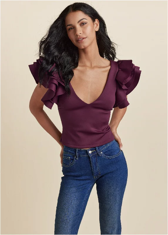 Color - Blocked Women Sweater for a Bold Fashion StatementRuffle Sleeve V-Neck Top - Wine