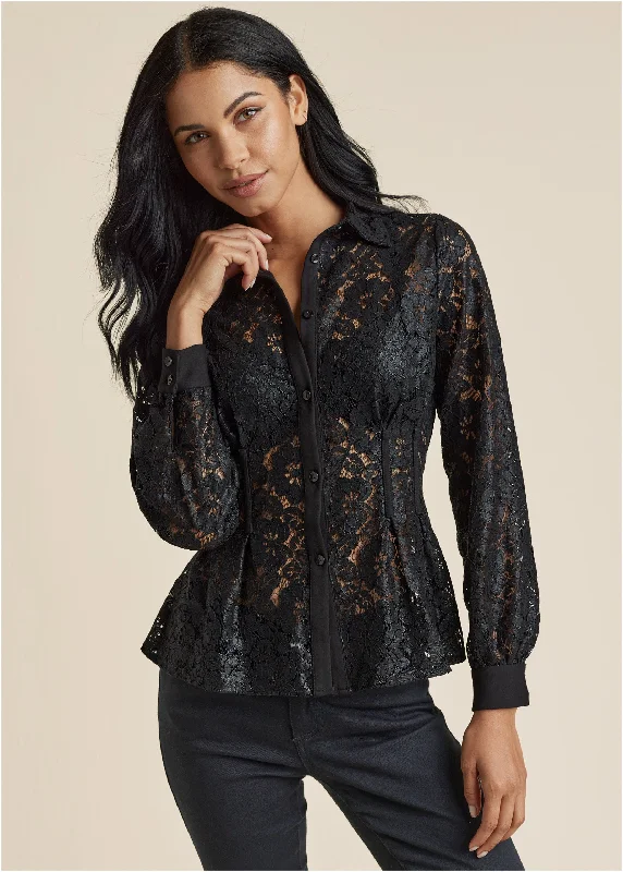 Button - Down Women Sweater for a Versatile LookLacquered Lace Top - Black