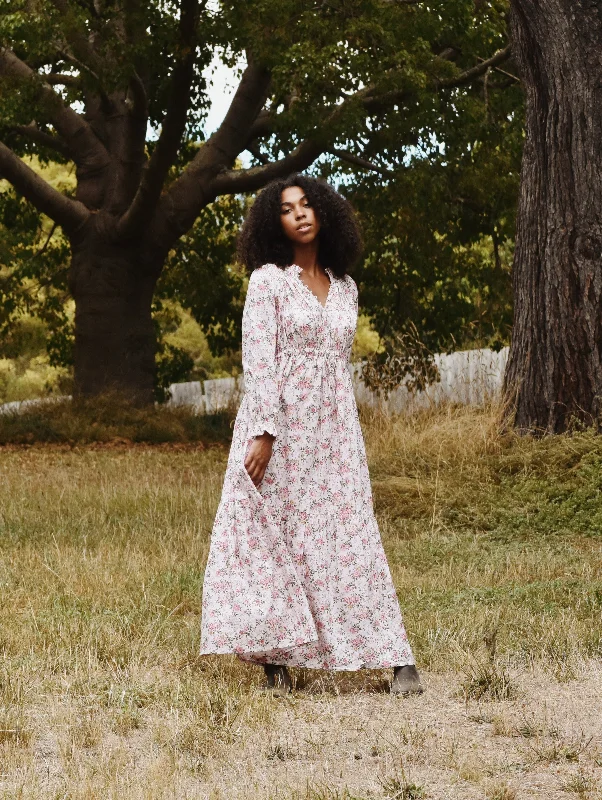 Mermaid - Style Women Dress with a Fitted Silhouette for Special Occasions100% RECYCLED COTTON - PRAIRIE MAXI DRESS PINK ROSE FLORAL