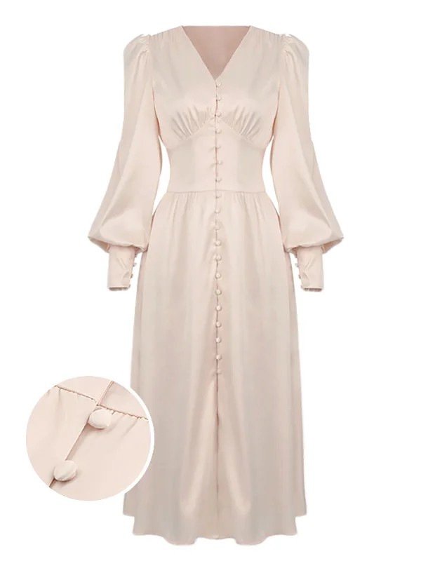 Wrap - Style Women Dress with Adjustable Fit for All Body Types1940s Solid Silk Buttoned Tea Dress