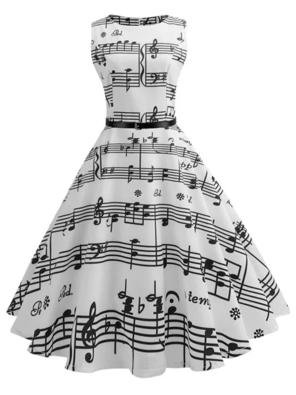 Empire Waist Women Dress to Accentuate the Bust and Conceal the WaistWhite 1950s Music Note Swing Dress