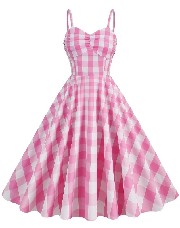 Ball Gown Women Dress with a Full Skirt for a Princess - like Look1950s Plaid Strap Swing Dress