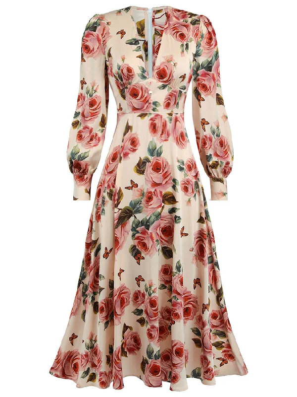 Printed Abstract Women Dress for a Modern and Artistic Appeal1940s Rose V-Neck Long Sleeves Dress