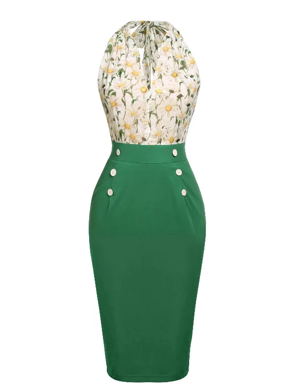 Sleeveless Women Dress in Bright Colors for Summer Parties1960s Floral Lace-up Button Pencil Dress