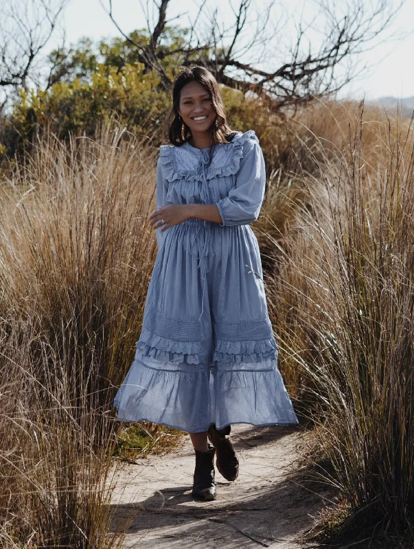 Shift Women Dress with a Simple and Classic Design for Everyday WearABERDEEN DUSTY BLUE COTTON LACE DRESS