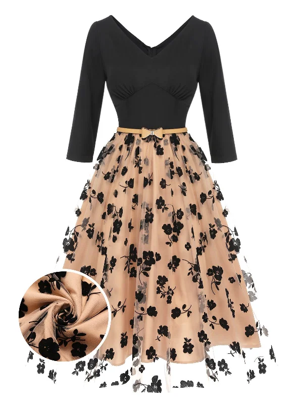 Lace - Embellished Women Dress for an Elegant and Sophisticated AppearanceBeige 1950s Floral Mesh Patchwork Belt Dress