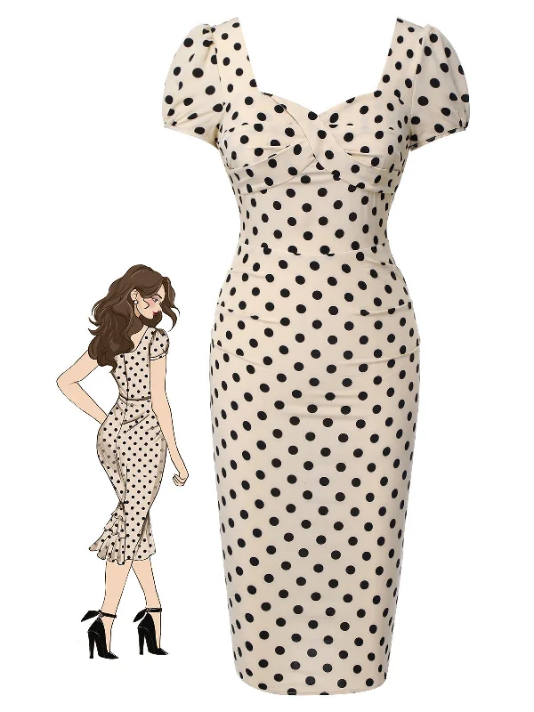 Off - the - Shoulder Women Dress for a Romantic and Feminine LookBeige 1960s Polka Dot Square Neck Puff Dress