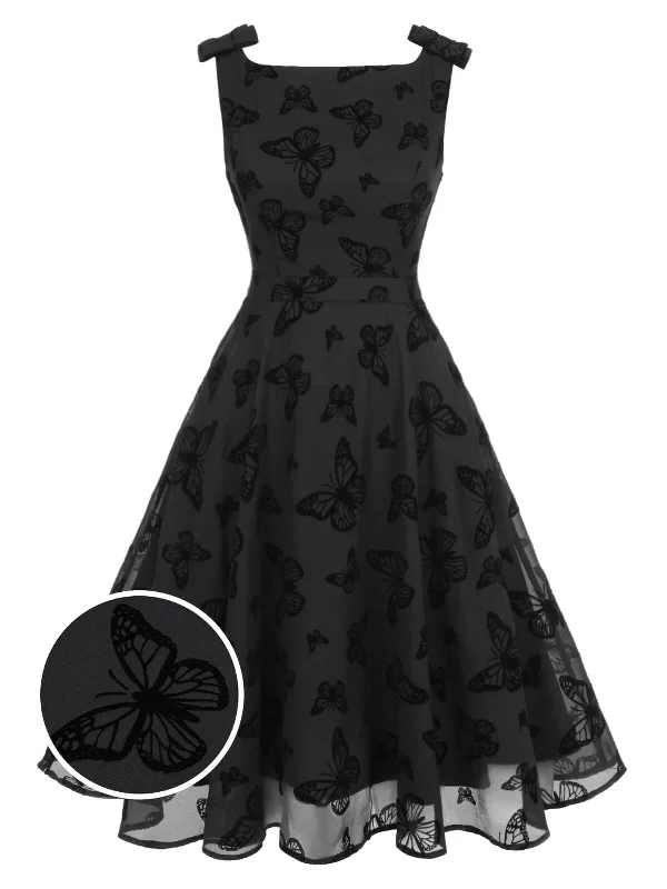 Plus Size Women Dress with a Flattering A - Line Cut for Comfort and StyleBlack 1950s Butterfly Flocking Mesh Dress