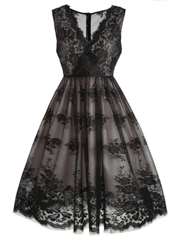 Mini Women Dress with a Short Hem for a Young and Trendy StyleBlack 1950s Lace Floral Swing Dress