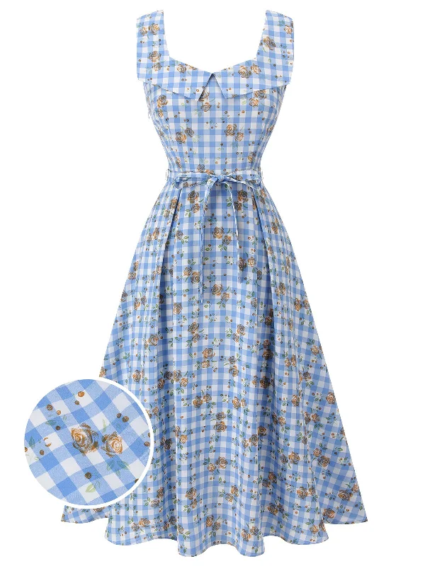 Empire Waist Women Dress to Accentuate the Bust and Conceal the WaistBlue 1940s Rose Gingham Lace Up Dress