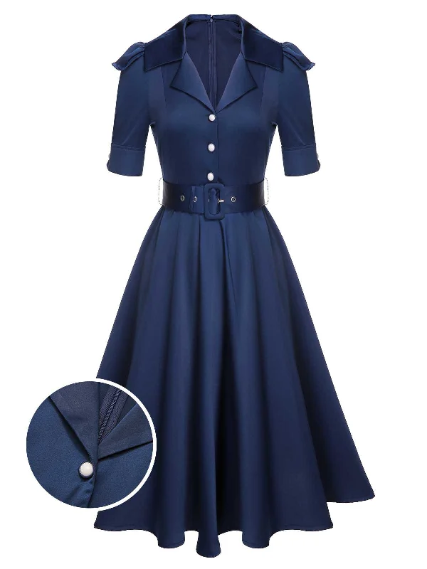 Backless Women Dress for a Sexy and Alluring Look at Evening EventsBlue 1940s Solid Short Sleeves Lapel Dress