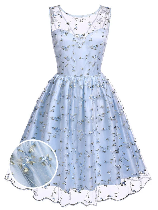 Off - the - Shoulder Women Dress for a Romantic and Feminine LookBlue 1950s Floral Embroidery Lace Dress