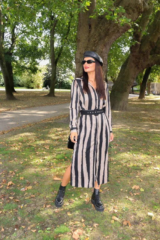 Wrap - Style Women Dress with Adjustable Fit for All Body TypesDon't Fall Shirt - Beige Black Stripe Midi Shirt Dress