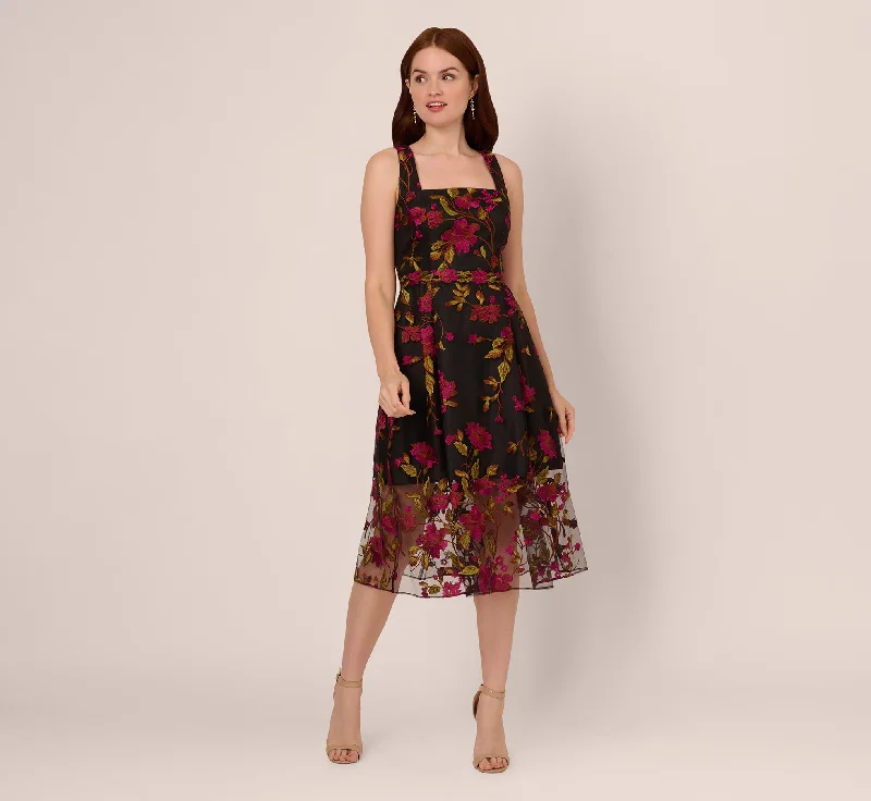 Mermaid - Style Women Dress with a Fitted Silhouette for Special OccasionsFloral Embroidered Midi Dress With Sheer Hem In Pink Black