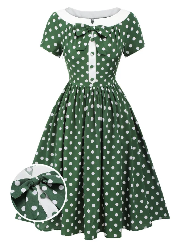 Sleeveless Women Dress in Bright Colors for Summer PartiesGreen 1940s Polka Dot Bowknot Patchwork Dress