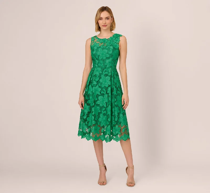 Shift Women Dress with a Simple and Classic Design for Everyday WearLace Sleeveless Midi Dress With Sheer Neck And Hem In Green