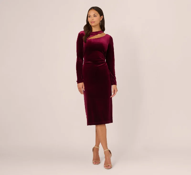 Plus Size Women Dress with a Flattering A - Line Cut for Comfort and StyleLong Sleeve Velvet Dress With Asymmetric Cutout Neckline In Burgundy