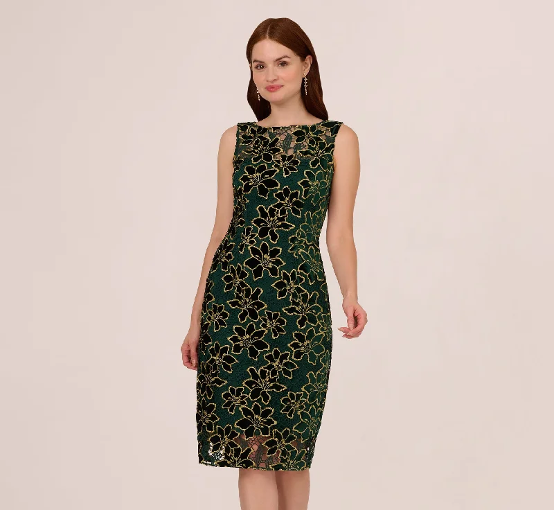 Strapless Women Dress with a Built - in Bra for Comfort and SupportMetallic Floral Lace Midi Dress With Illusion Neckline In Hunter Gold