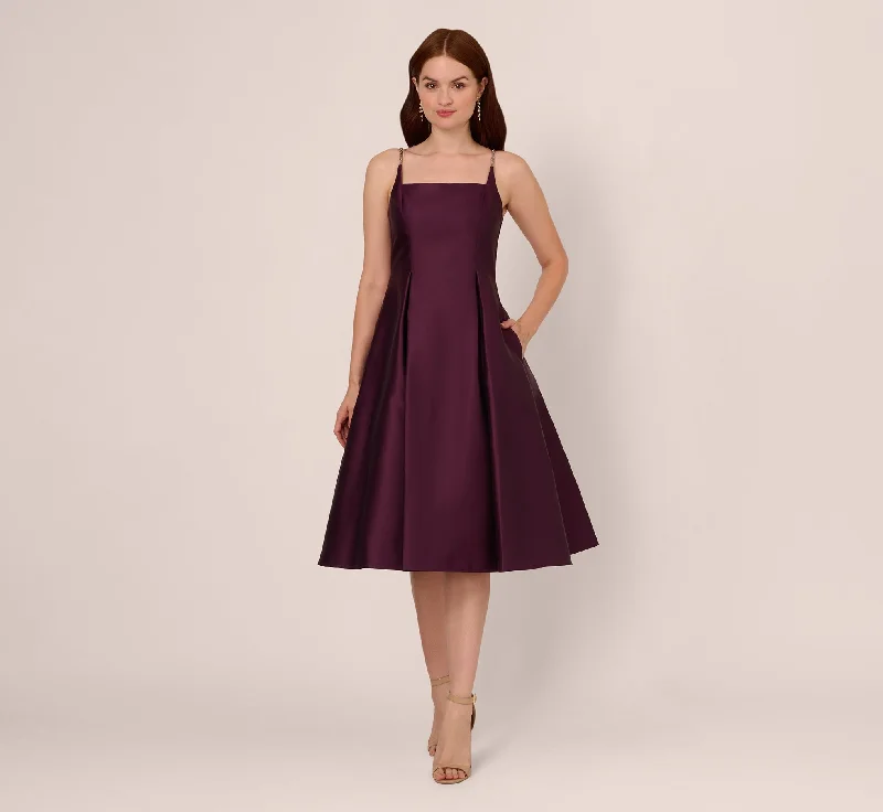 Pleated Women Dress with a Timeless and Elegant TextureMikado Midi Dress With Beaded Spaghetti Straps In Pinot Noir