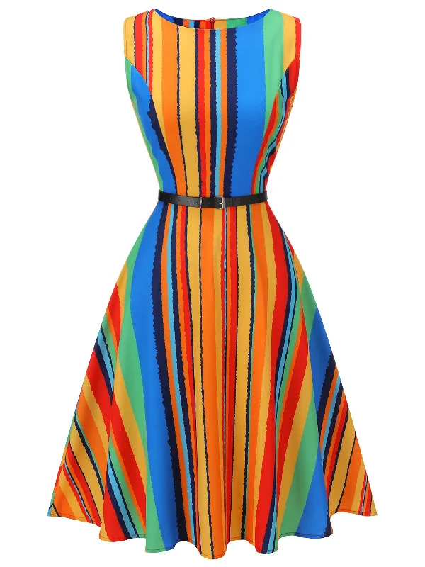 Lace - Embellished Women Dress for an Elegant and Sophisticated AppearanceMulti 1950s Stripe Crew Dress With Belt