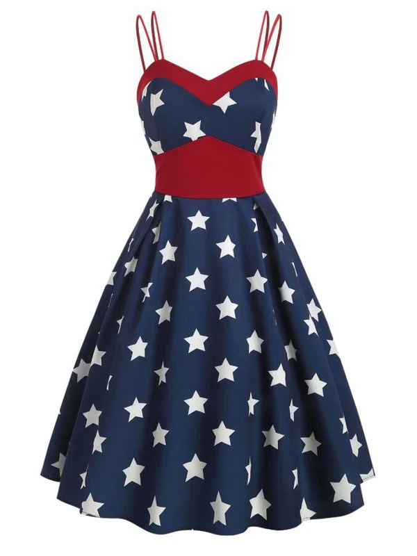 Empire Waist Women Dress to Accentuate the Bust and Conceal the WaistNavy Blue 1950s Stars Spaghetti Strap Dress