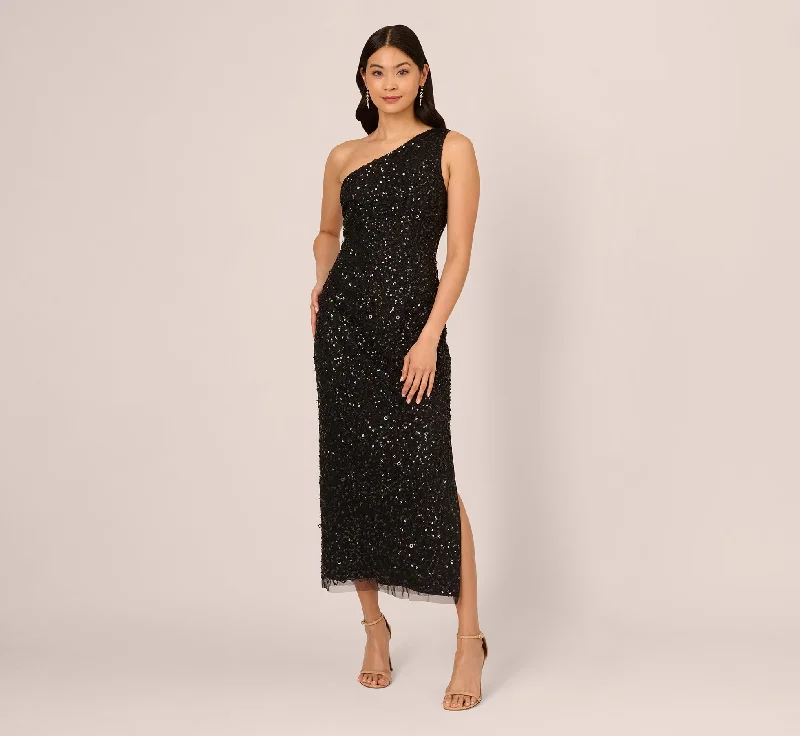 Mini Women Dress with a Short Hem for a Young and Trendy StyleOne Shoulder Sequin Beaded Ankle Length Dress In Black