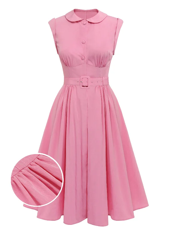 Sleeveless Women Dress in Bright Colors for Summer PartiesPink 1950s Doll Collar Solid Dress