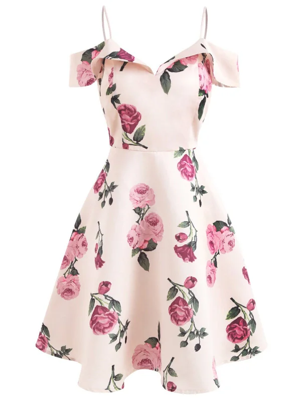 Backless Women Dress for a Sexy and Alluring Look at Evening EventsPink 1950s Floral Spaghetti Strap Dress