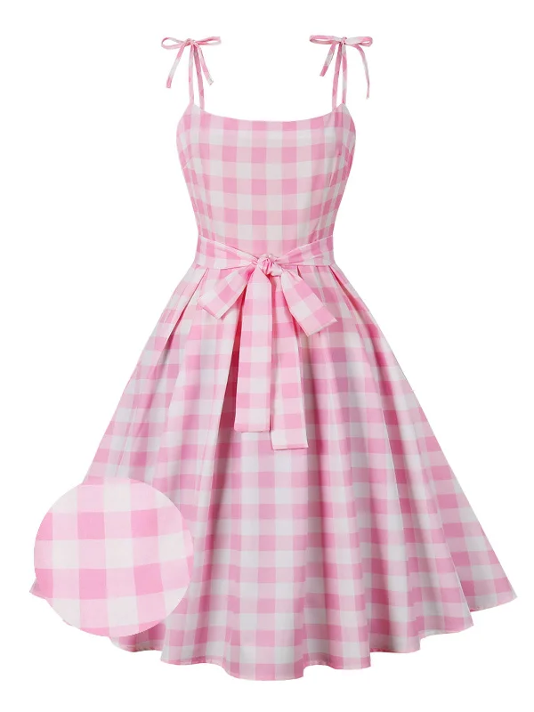 Mermaid - Style Women Dress with a Fitted Silhouette for Special OccasionsPink 1950s Spaghetti Strap Plaid Swing Dress