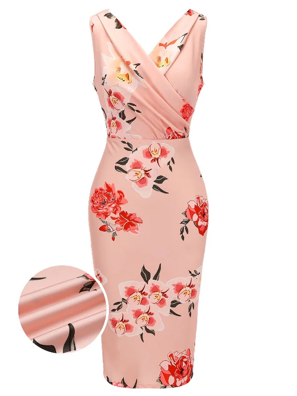 Ruffled Women Dress with Multiple Layers for a Playful and Girly StylePink 1950s V-neck Wrap Floral Pencil Dress