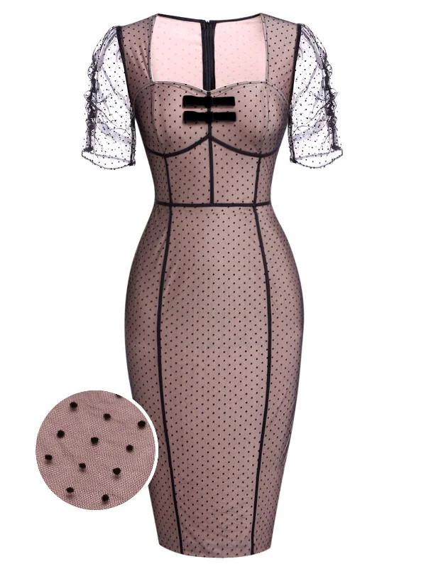 Lace - Embellished Women Dress for an Elegant and Sophisticated AppearancePink 1960s Polka Dot Mesh Pencil Dress