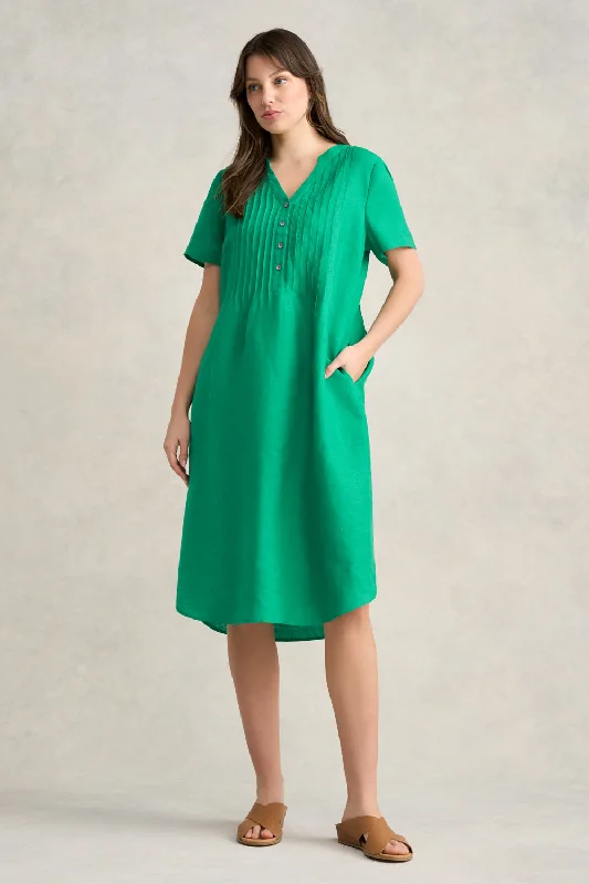 Lace - Embellished Women Dress for an Elegant and Sophisticated AppearancePleated Front French Linen Dress - Vibrant Green