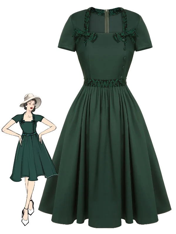 Strapless Women Dress with a Built - in Bra for Comfort and SupportGreen 1950s Solid Bow Square Collar Dress