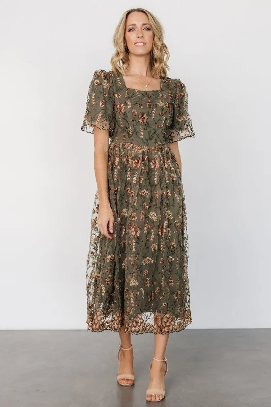 Printed Abstract Women Dress for a Modern and Artistic AppealRavenna Embroidered Dress | Olive Floral