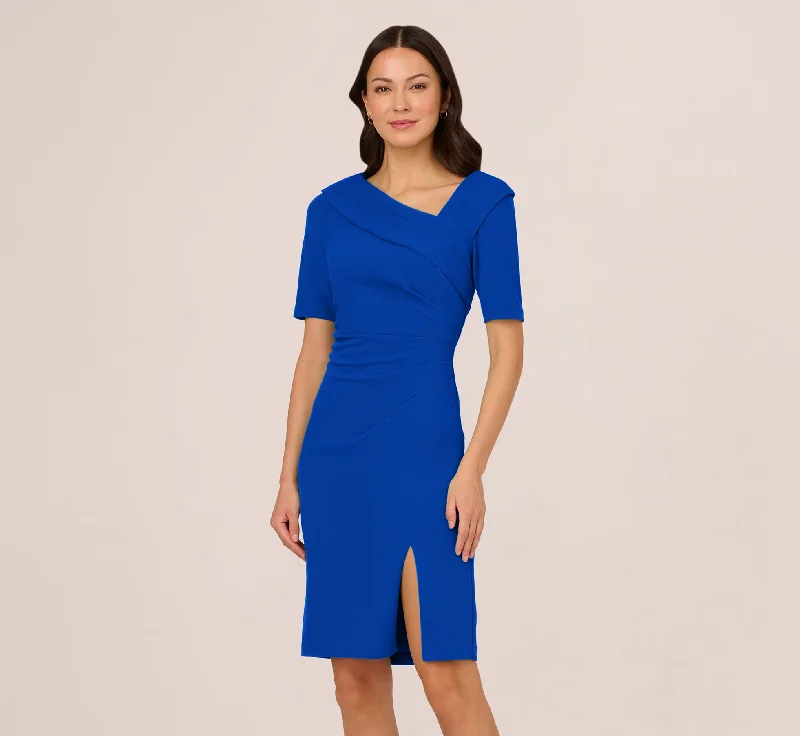 Halter Neck Women Dress to Show Off the Shoulders and NecklineShort Sleeves Sheath Dress With Asymmetrical Neckline In Violet Cobalt