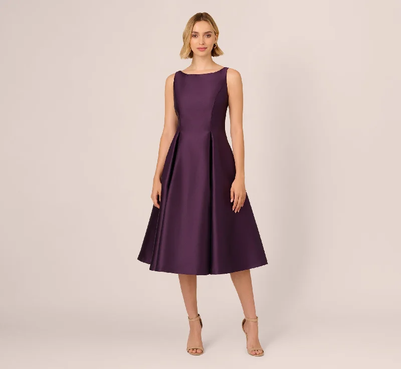 Pleated Women Dress with a Timeless and Elegant TextureSleeveless Mikado Fit And Flare Midi Dress With V-Back In Luxe Plum