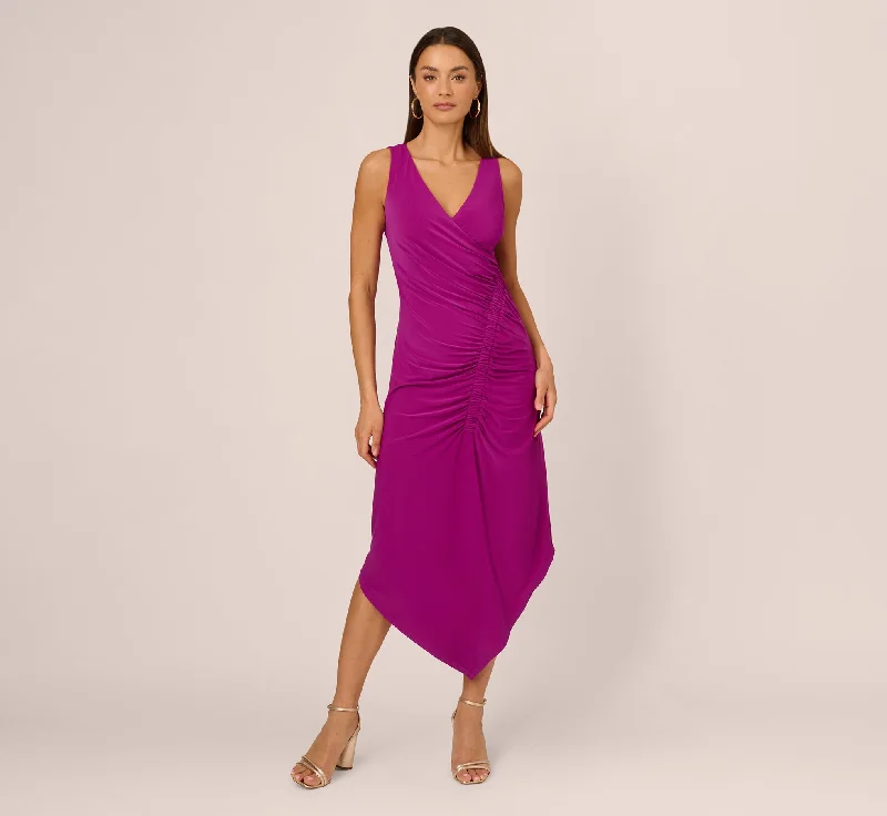 Wrap - Style Women Dress with Adjustable Fit for All Body TypesSleeveless Shirred Jersey Midi Dress With Asymmetrical Hem In Wild Magenta