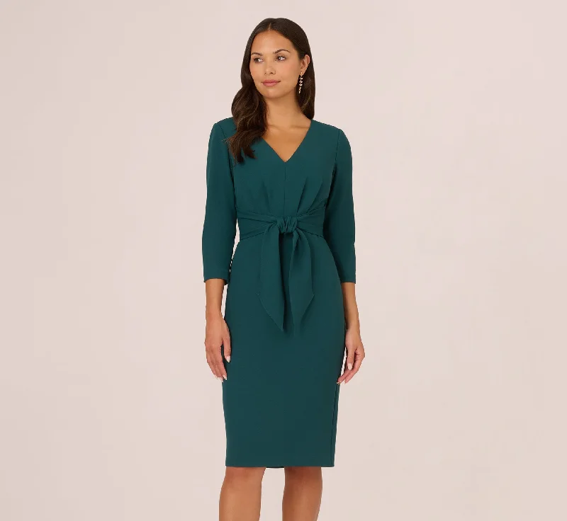 Empire Waist Women Dress to Accentuate the Bust and Conceal the WaistThree Quarter Sleeve Pleated Midi Dress With Tie Waist In Hunter