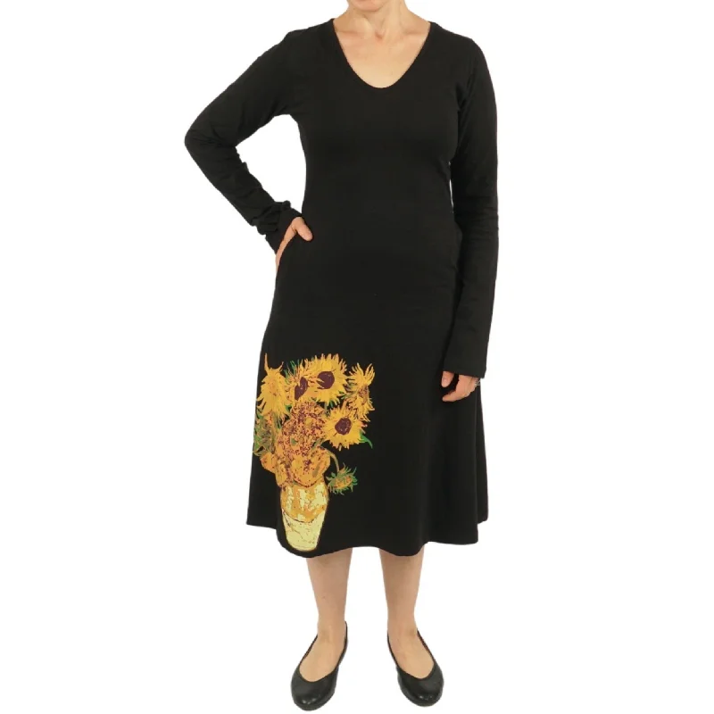 Mini Women Dress with a Short Hem for a Young and Trendy StyleVan Gogh Sunflowers Long Sleeve A-Line Dress (No Waist Seam) [FINAL SALE]