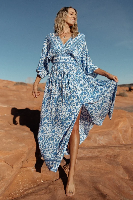 Wrap - Style Women Dress with Adjustable Fit for All Body TypesWatson Kimono Maxi Dress | Blue + White