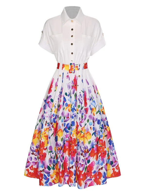 Off - the - Shoulder Women Dress for a Romantic and Feminine LookWhite 1940s Floral Shirt Collar Belt Dress