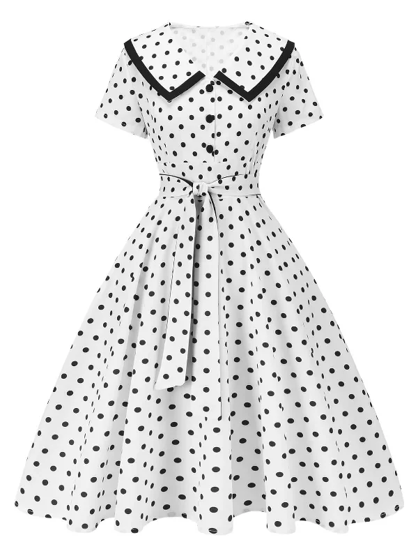 Plus Size Women Dress with a Flattering A - Line Cut for Comfort and StyleWhite 1940s Polka Dot Lapel Dress