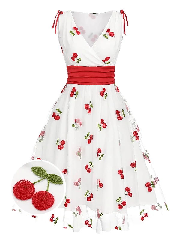 Shift Women Dress with a Simple and Classic Design for Everyday WearWhite 1950s Embroidered Cherry Mesh Dress