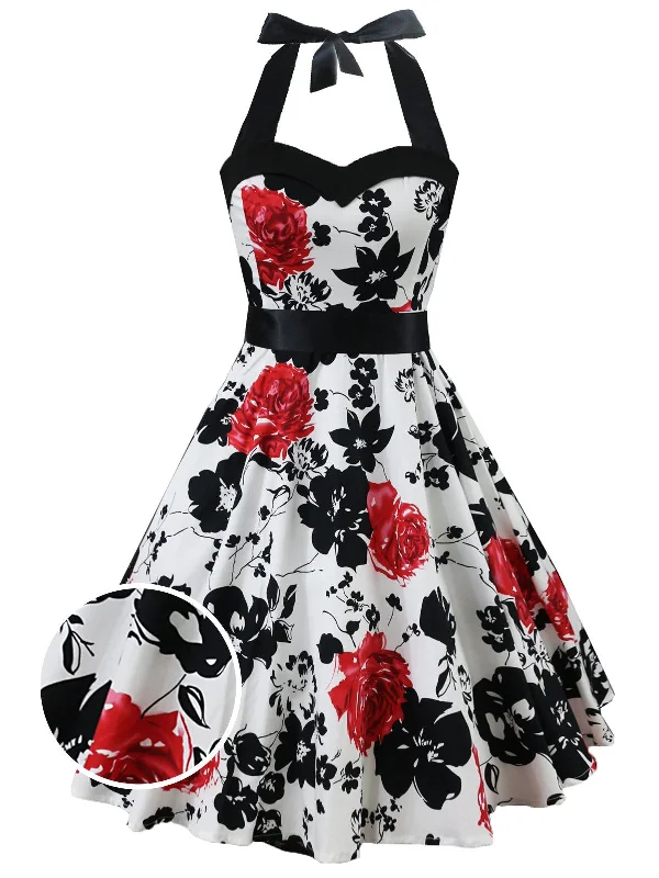 Pleated Women Dress with a Timeless and Elegant TextureWhite 1950s Floral Halter Swing Dress