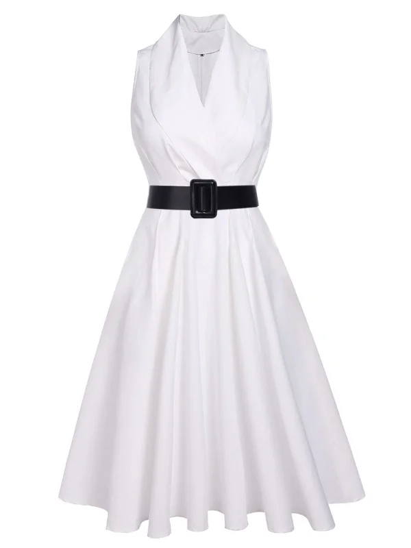 Ball Gown Women Dress with a Full Skirt for a Princess - like LookWhite 1950s Halter Belted Swing Dress