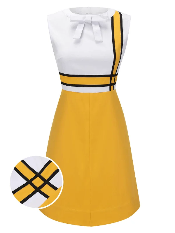 Pleated Women Dress with a Timeless and Elegant TextureWhite & Yellow 1960s Bowknot Patchwork Dress