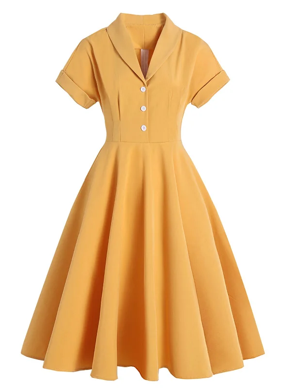 Off - the - Shoulder Women Dress for a Romantic and Feminine LookYellow 1950s Solid Buttoned Swing Dress